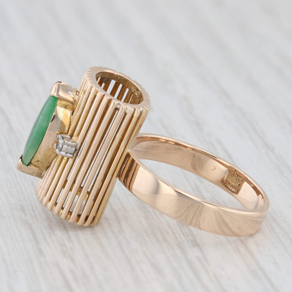 Light Gray Green Jadeite Jade Diamond Unique Ring 14k Rose Gold Size 6.5