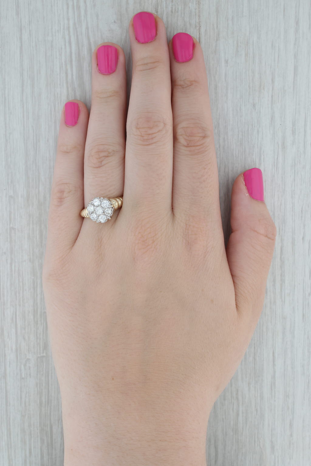 Dark Gray 0.95ctw Diamond Cluster Ring 14k Yellow Gold Vintage Engagement Size 9.75