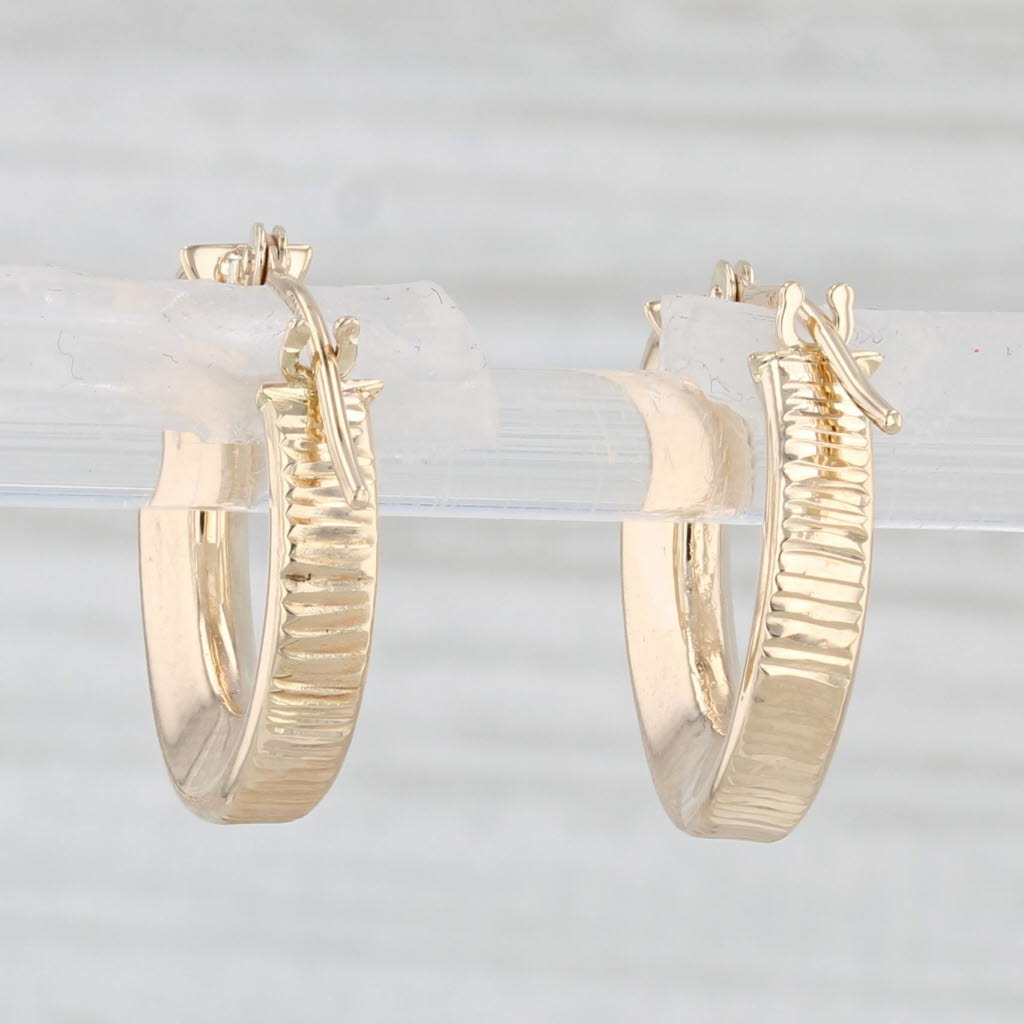 Light Gray Small Beveled Hoop Earrings 14k Yellow Gold Snap Top Round Hoops