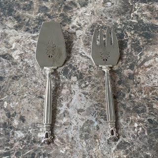 Jensen Denmark Acorn Fish Serving Set Sterling Silver Pierced Fork Knife