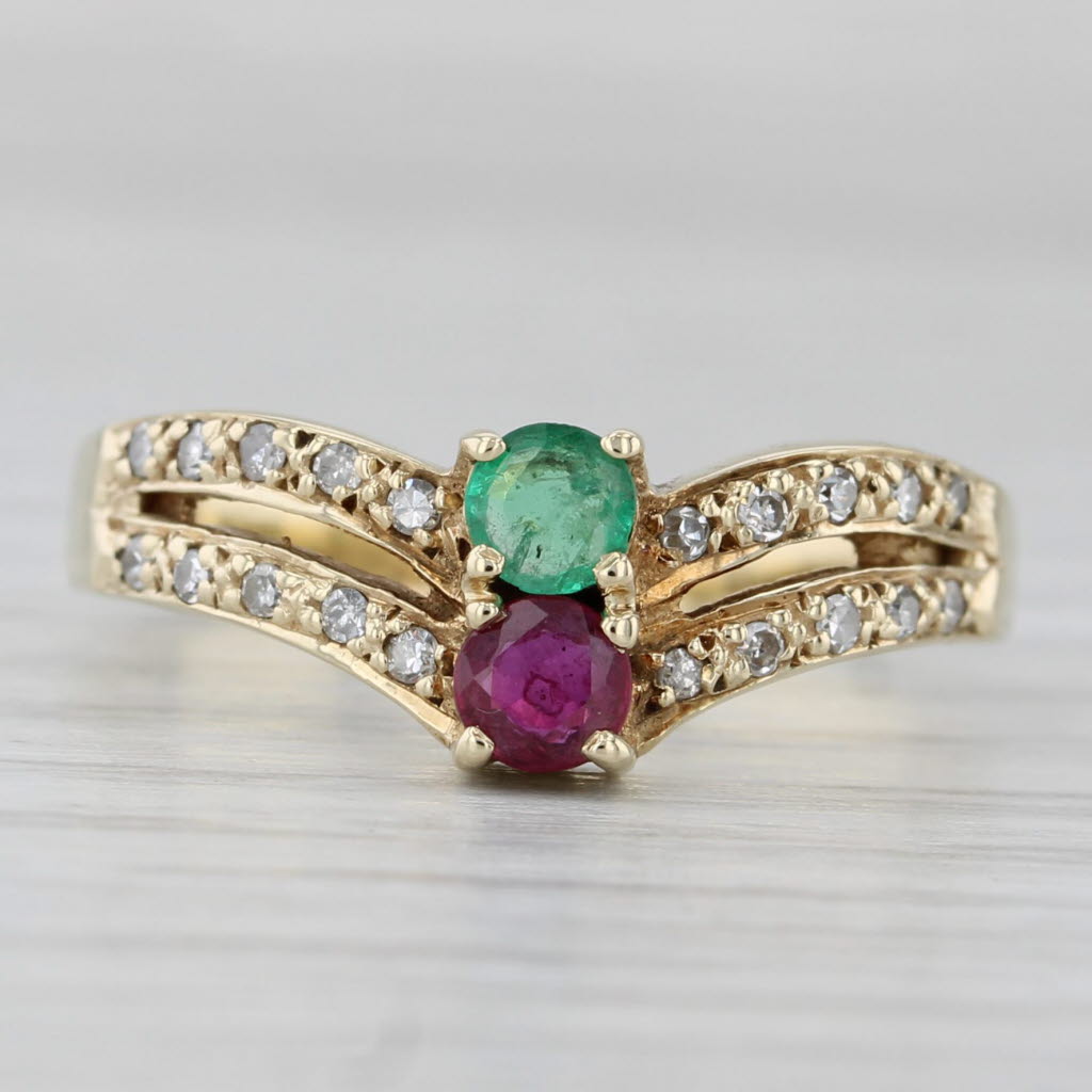Gray 0.50ctw Emerald Ruby Diamond Ring 14k Yellow Gold Size 7.25 Stacked Design