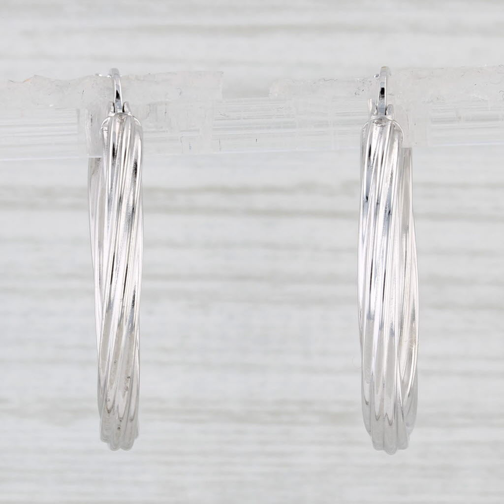 Light Gray Twist Woven Hoop Earrings 10k White Gold Snap Top Round Hoops