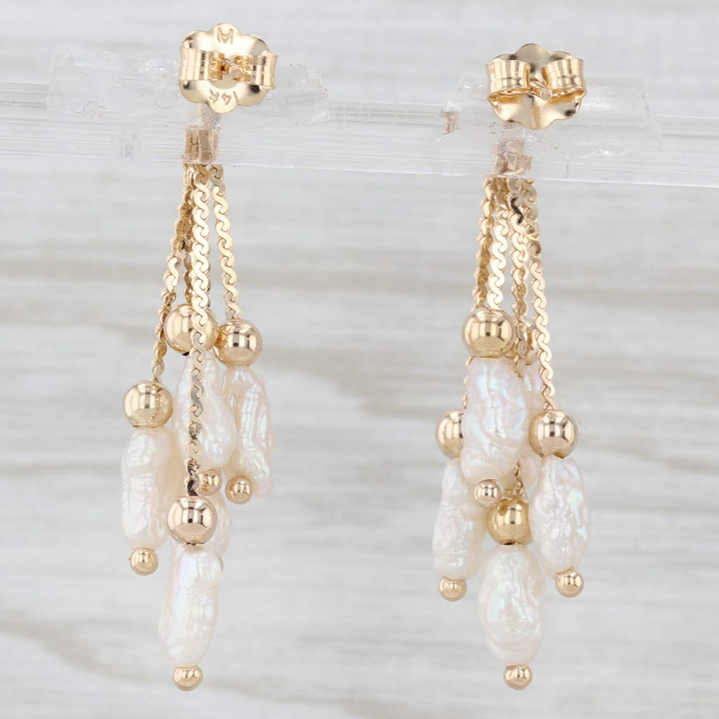 Light Gray Freshwater Cultured Rice Crispie Pearl Fringe Dangle Earrings 14k Yellow Gold