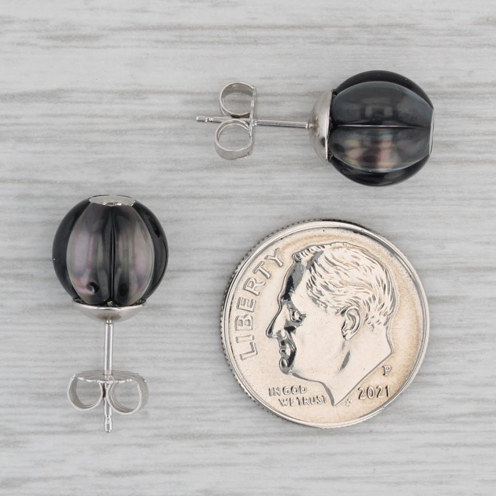 Gray New Cultured Black Pearl Dark Poppy Diamond Stud Earrings 14k Gold Galatea
