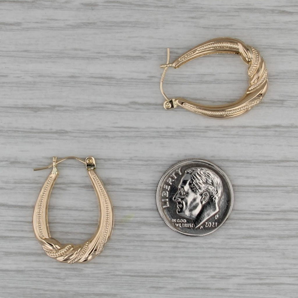 Oval Twist Drop Hoop Earrings 14k Yellow Gold Snap Top Hoops