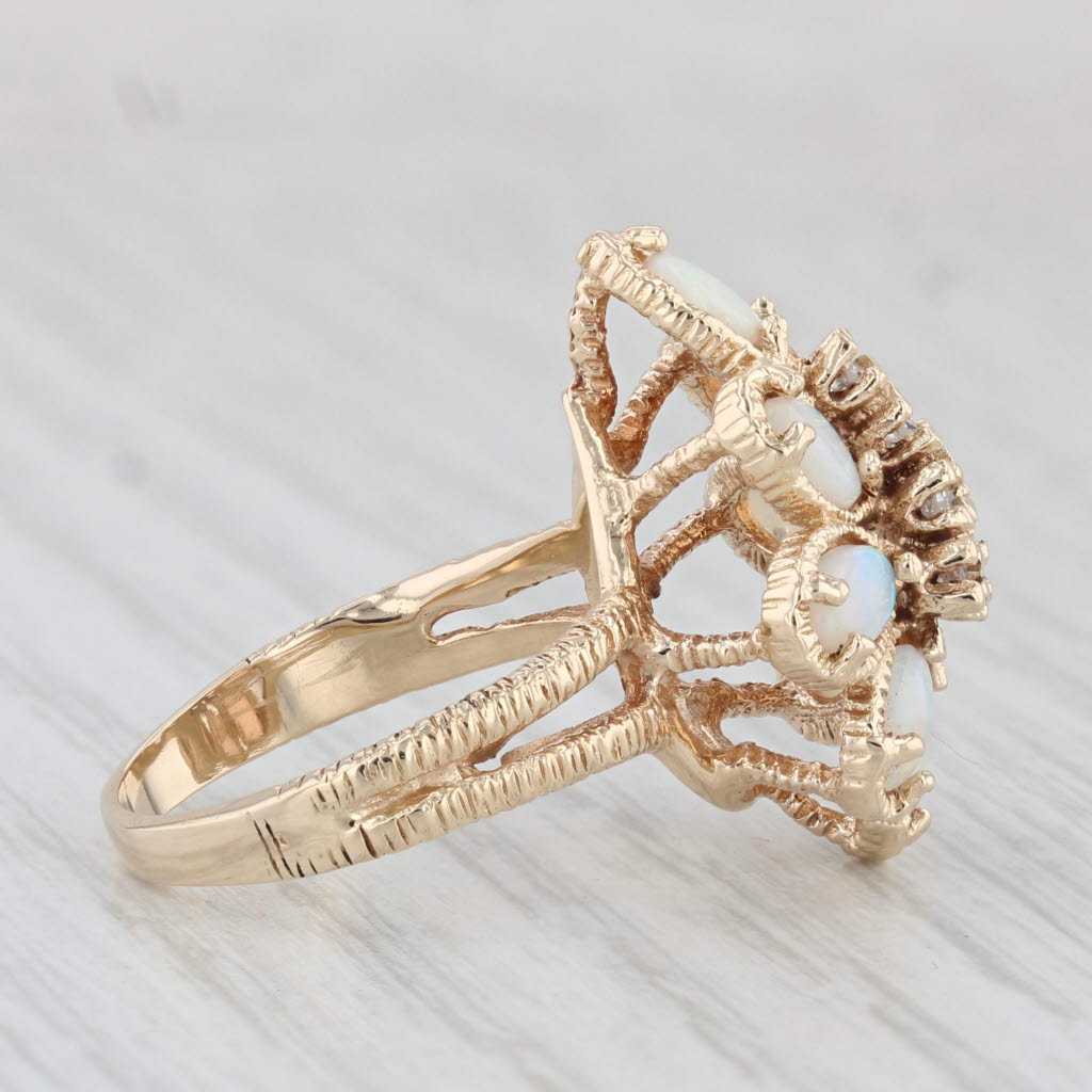 Light Gray Vintage Opal Diamond Flower Cocktail Ring 14k Yellow Gold Size 6.25