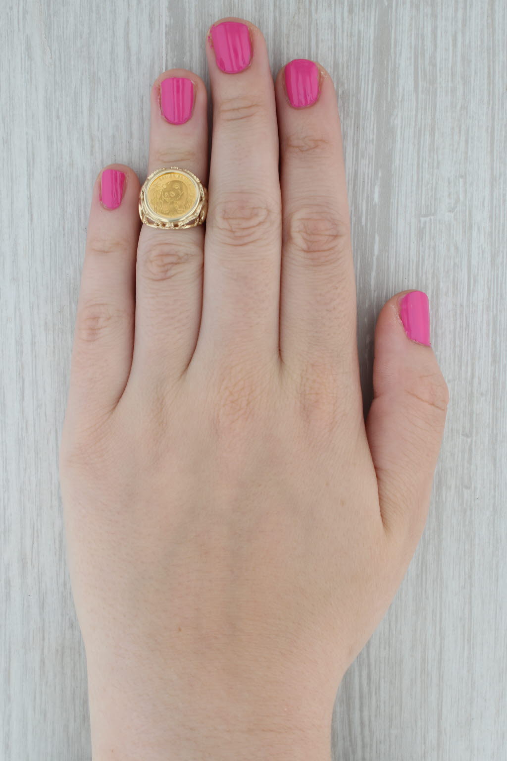 Dark Gray 1986 Chinese Panda Coin Signet Ring 14k 24k Yellow Gold Size 4.5 1/20oz