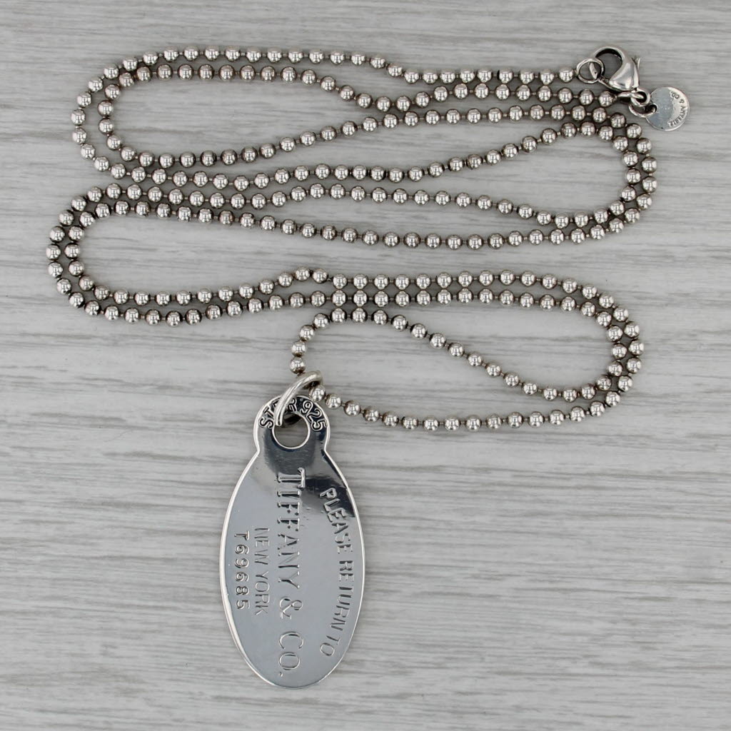 Engravable Tiffany & CO ID Tag Pendant Necklace Sterling Silver 34" Bead Chain