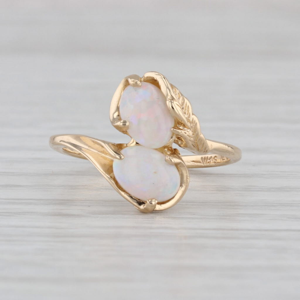 Vintage Colorful Opal Bypass Ring 14k Yellow Gold Size 6 Leaf Accent
