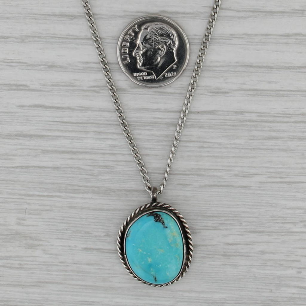 Turquoise Pendant Necklace Sterling Silver 16" Curb Chain Oval Cabochon