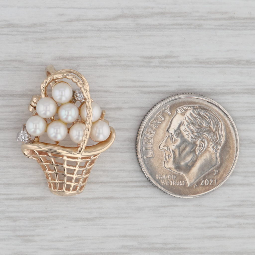 Gray Cultured Pearl Cluster Basket Flower Bouquet Pendant Pin 14k Gold Brooch Diamond