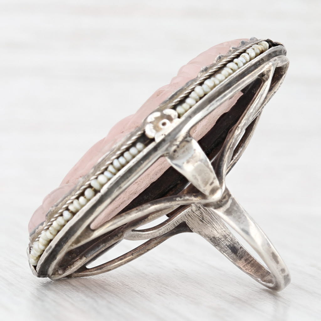 Light Gray Vintage Floral Carved Rose Quartz Pearl Ring Sterling Silver Statement AS IS