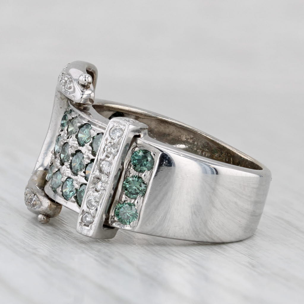 Light Gray 1.44ctw Green White Diamond Belt Buckle Ring 14k White Gold Size 6 Cocktail