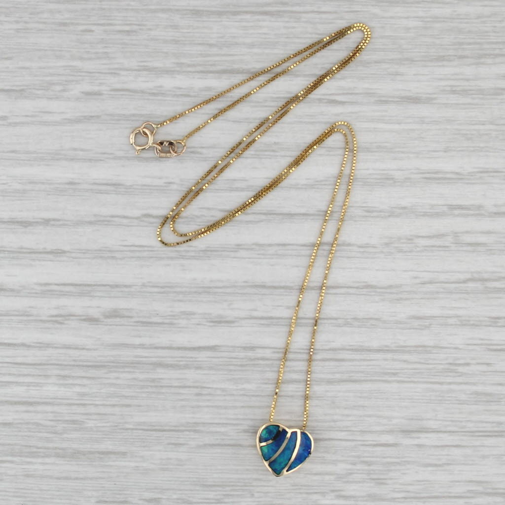 Blue Green Opal Mosaic Heart Pendant Necklace 14k Yellow Gold Box Chain Necklace