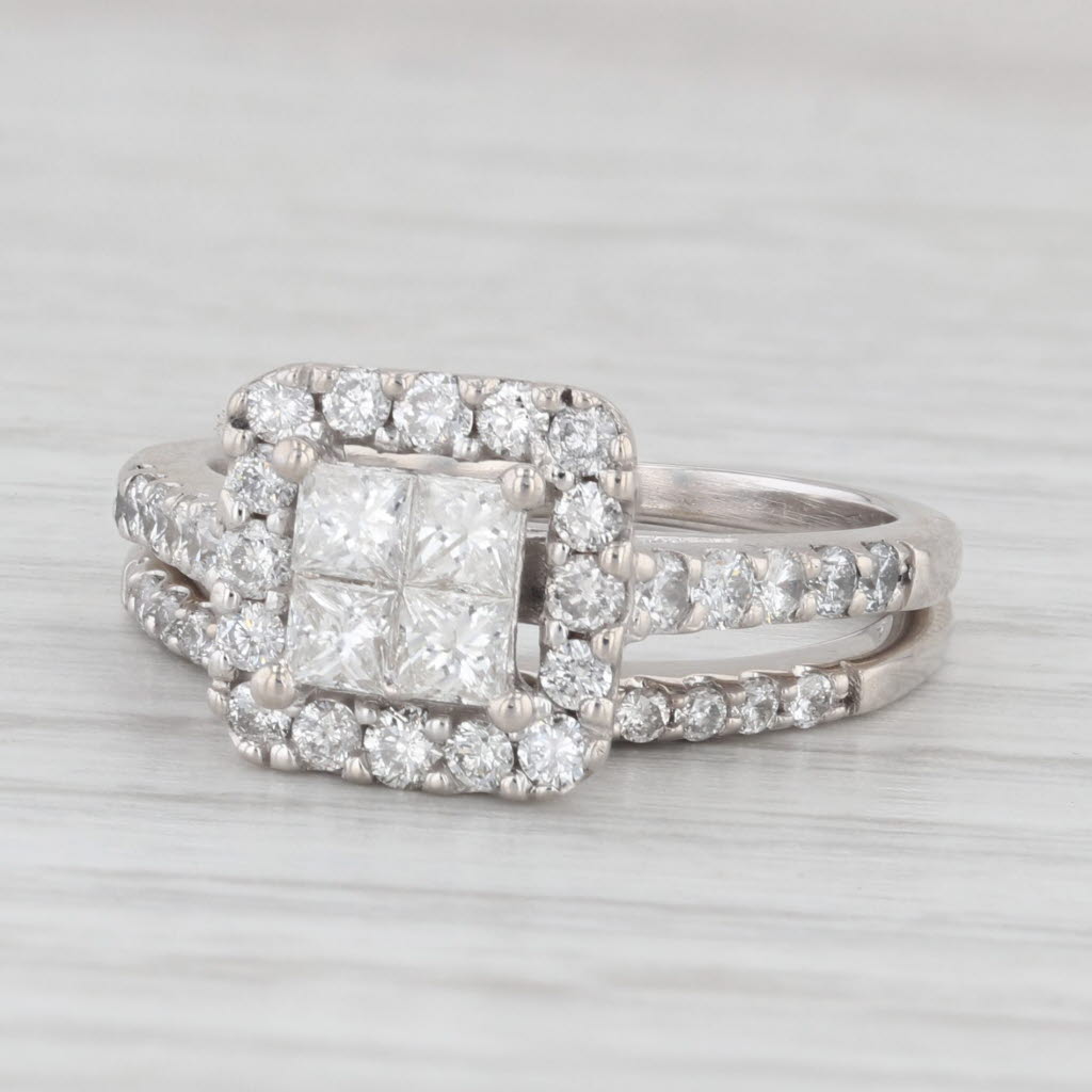 Light Gray 0.90ctw Princess Diamond Halo Engagement Ring Wedding Band 14k White Gold Size 6