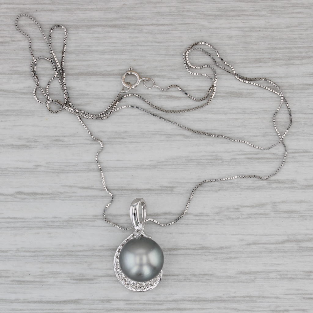 Gray Grey Cultured Pearl Diamond Pendant Necklace 14k White Gold 18.25" Box Chain