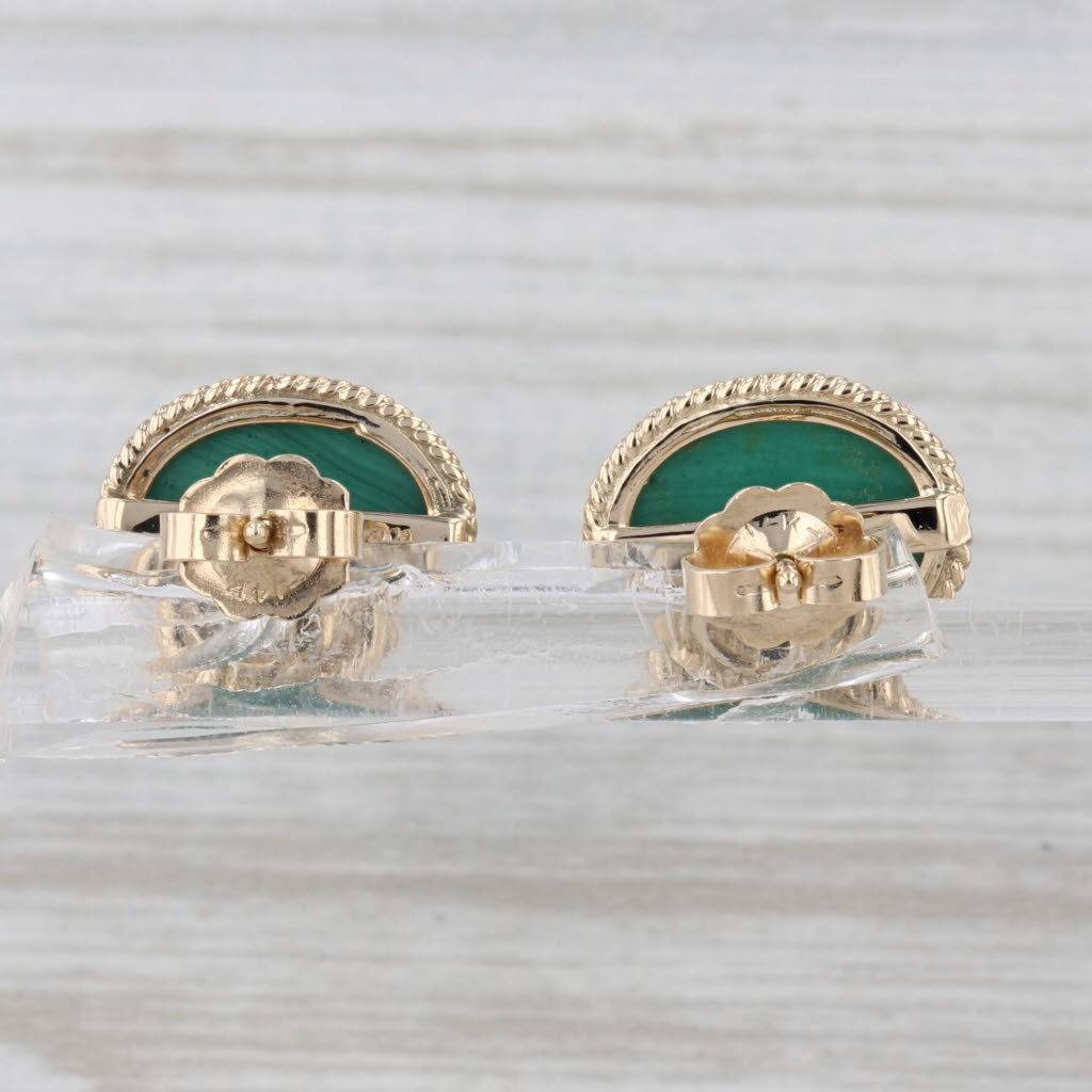 Green Malachite Stud Earrings 14k Yellow Gold Oval Cabochon Studs
