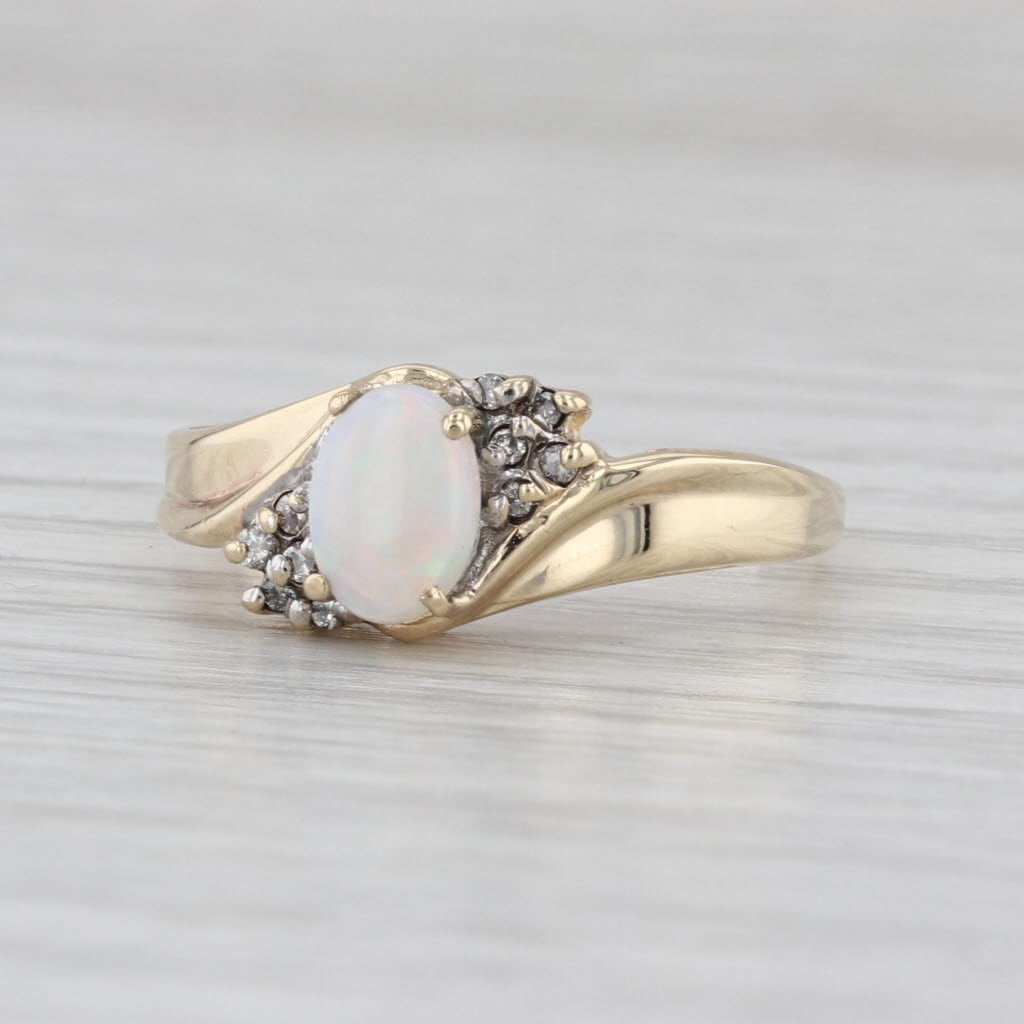 Oval Cabochon Opal Solitaire Ring 10k Yellow Gold Size 8.5 Diamond Accents