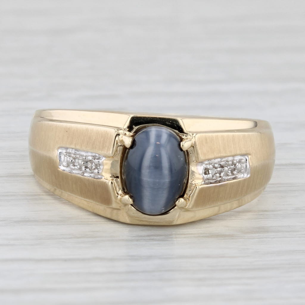 Light Gray Glass Cat's Eye Oval Cabochon Ring 10k Yellow Gold Size 11 Men's