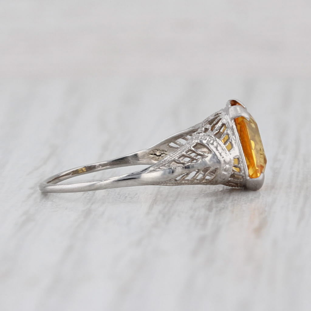 Vintage Lab Created Yellow Sapphire Ring Art Deco Filigree 10k White Gold Sz 6