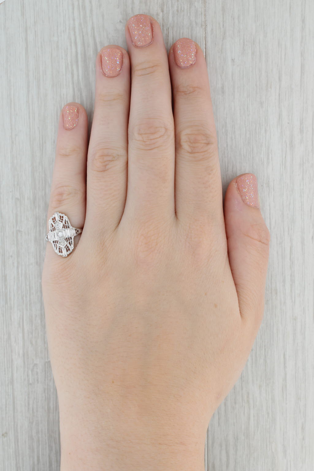 Gray Antique Diamond Filigree Ring 18k White Gold Size 6