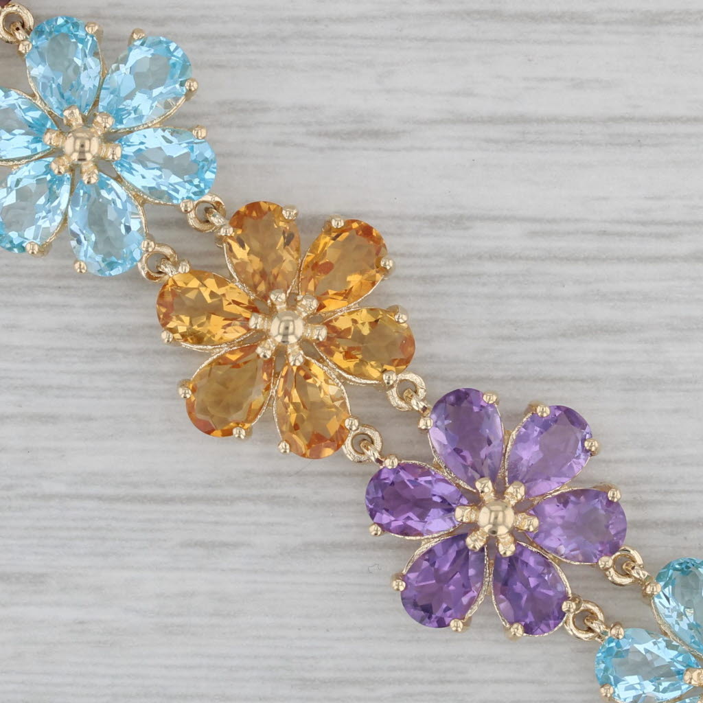 Gray 43.8ctw Gemstone Flower Bracelet 10k Gold 7" Garnet Topaz Peridot Amethyst