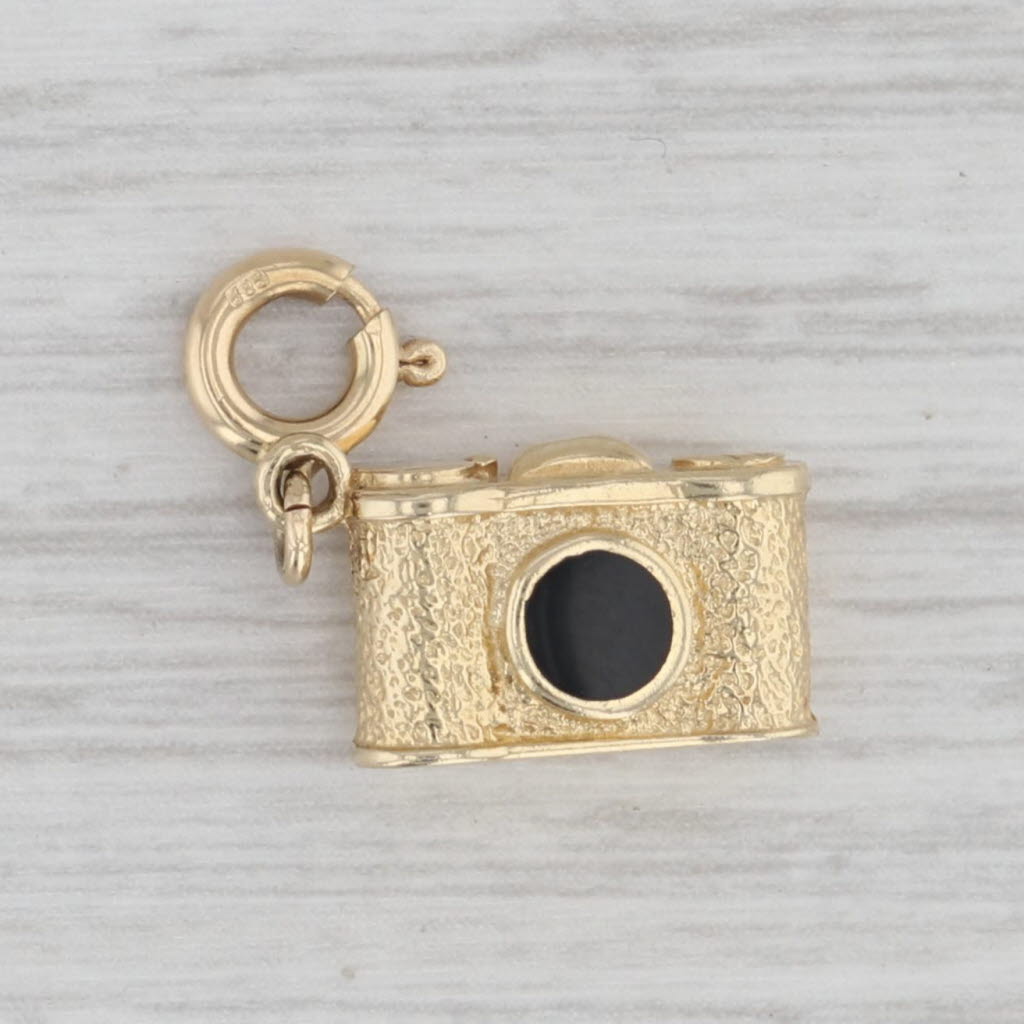 Gray Camera Charm 14k Yellow Gold Enamel Photography Pendant