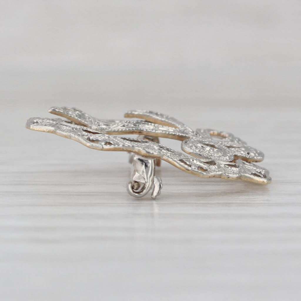 Vintage Art Deco Filigree Bow Wreath Brooch 18k White 8k Yellow Gold Pin