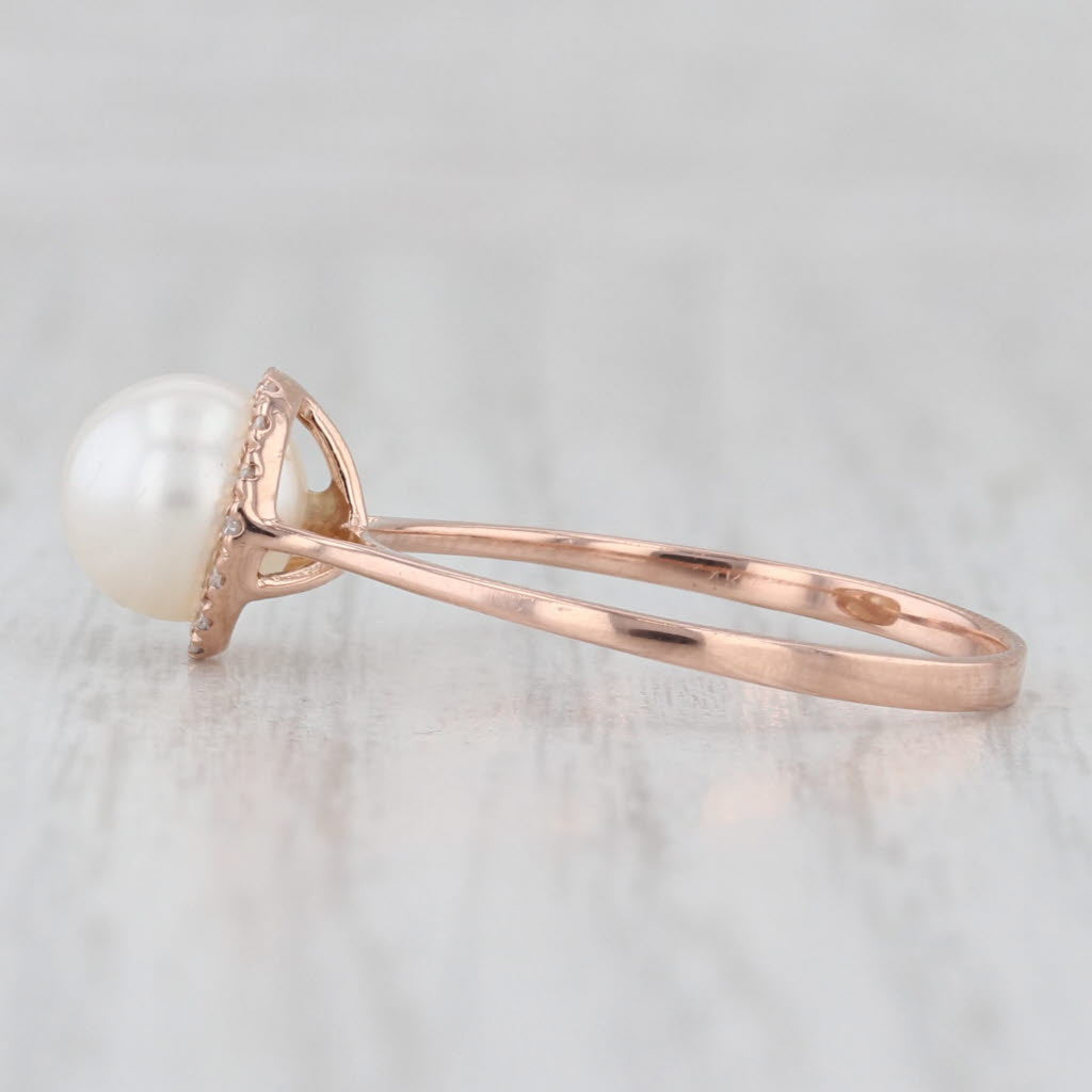 Light Gray Cultured Pearl Diamond Halo Ring 14k Rose Gold Size 7.5