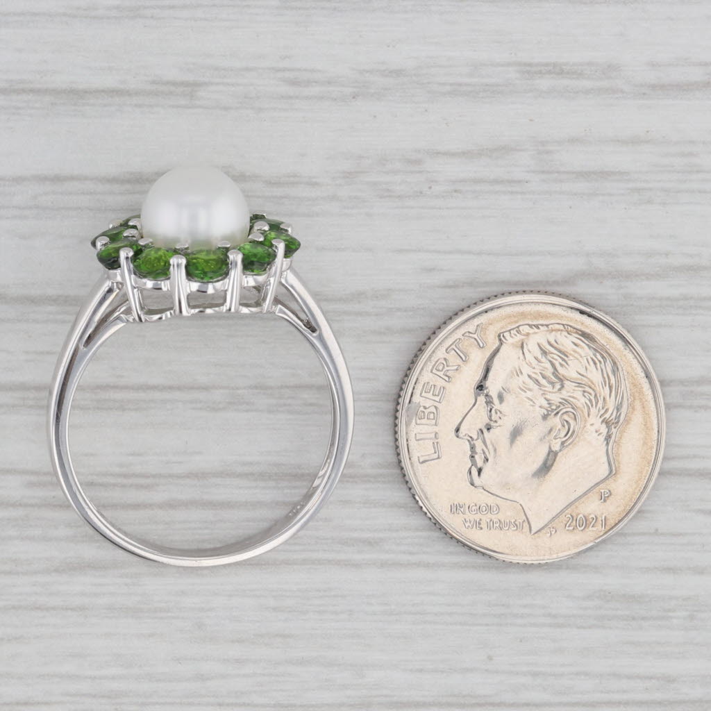 Gray Cultured Pearl Green Chrome Diopside Halo Ring 10k White Gold Size 7