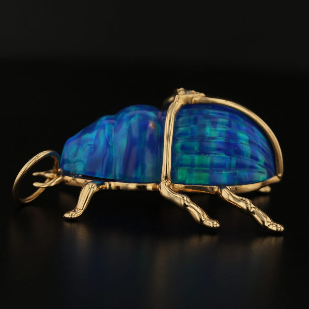 Blue Green Lab Created Opal Scarab Beetle Pendant 14k Yellow Gold Statement