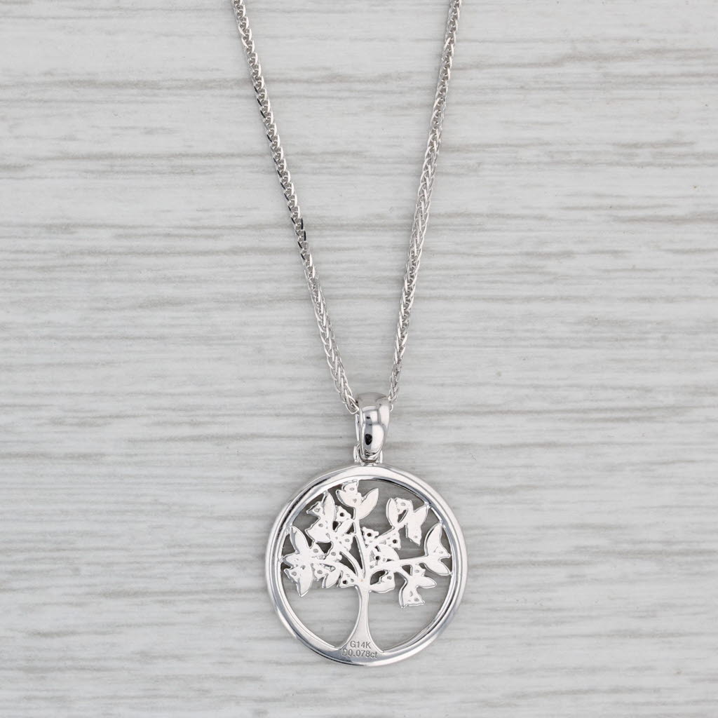 Gray New Diamond Tree of Life Pendant Necklace 14k White Gold 15.5-17.5" Curb Chain