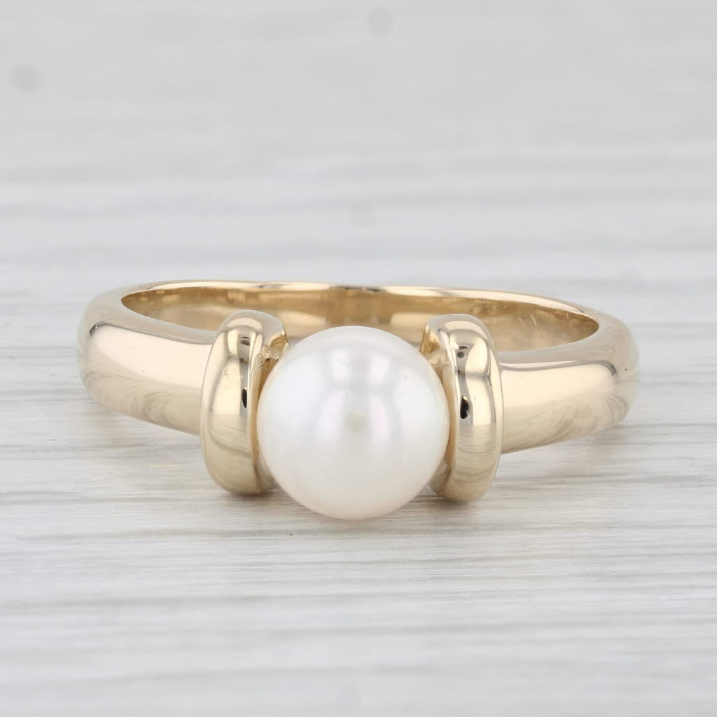 Light Gray Cultured Pearl Solitaire Ring 14k Yellow Gold Size 7.5