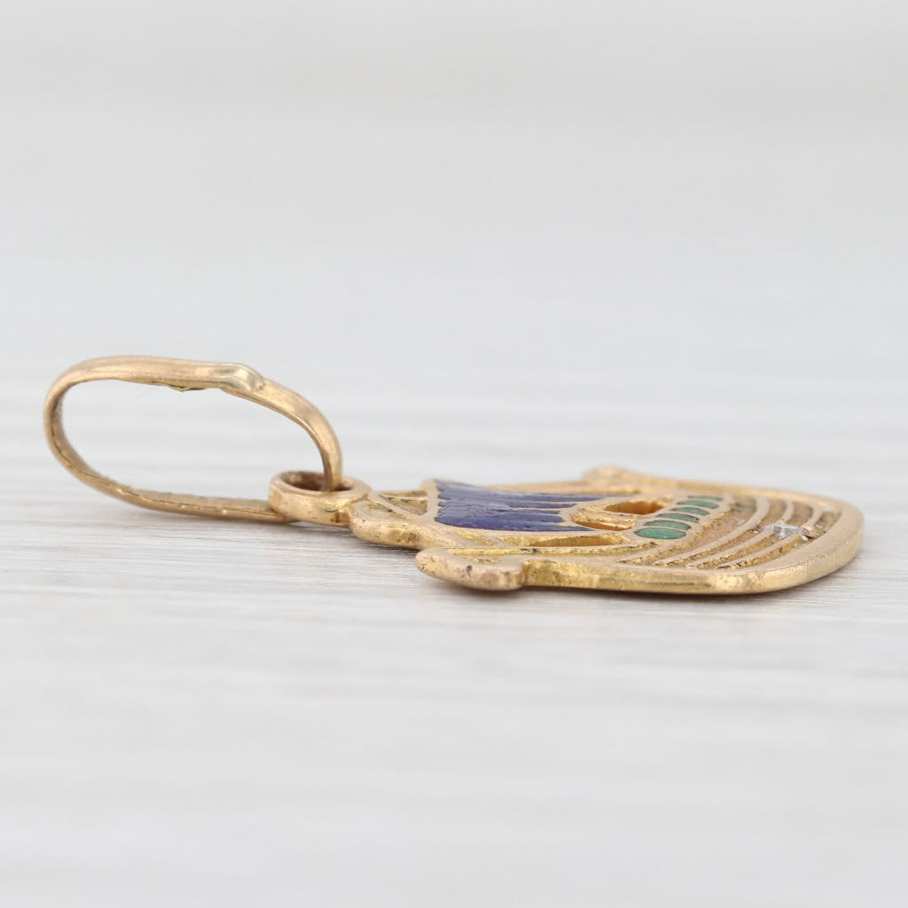 Light Gray Vintage Viking Ship Pendant 18k Yellow Gold Enamel Diamond Charm