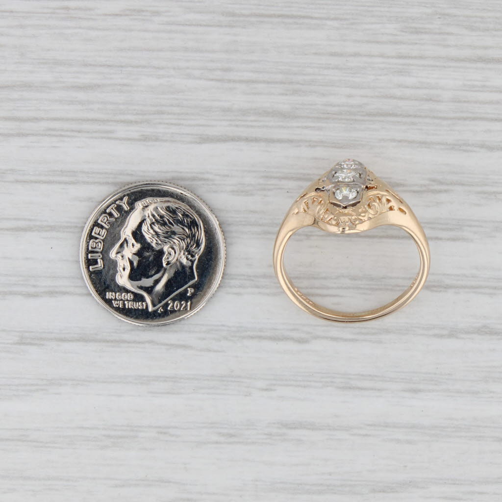 Light Gray Vintage Diamond 3-Stone Ring 14k Yellow Gold Filigree Size 4.5