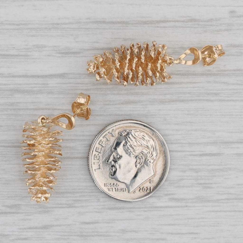 Gray Pine Cone Dangle Earrings 14k Yellow Gold Pierced Drops