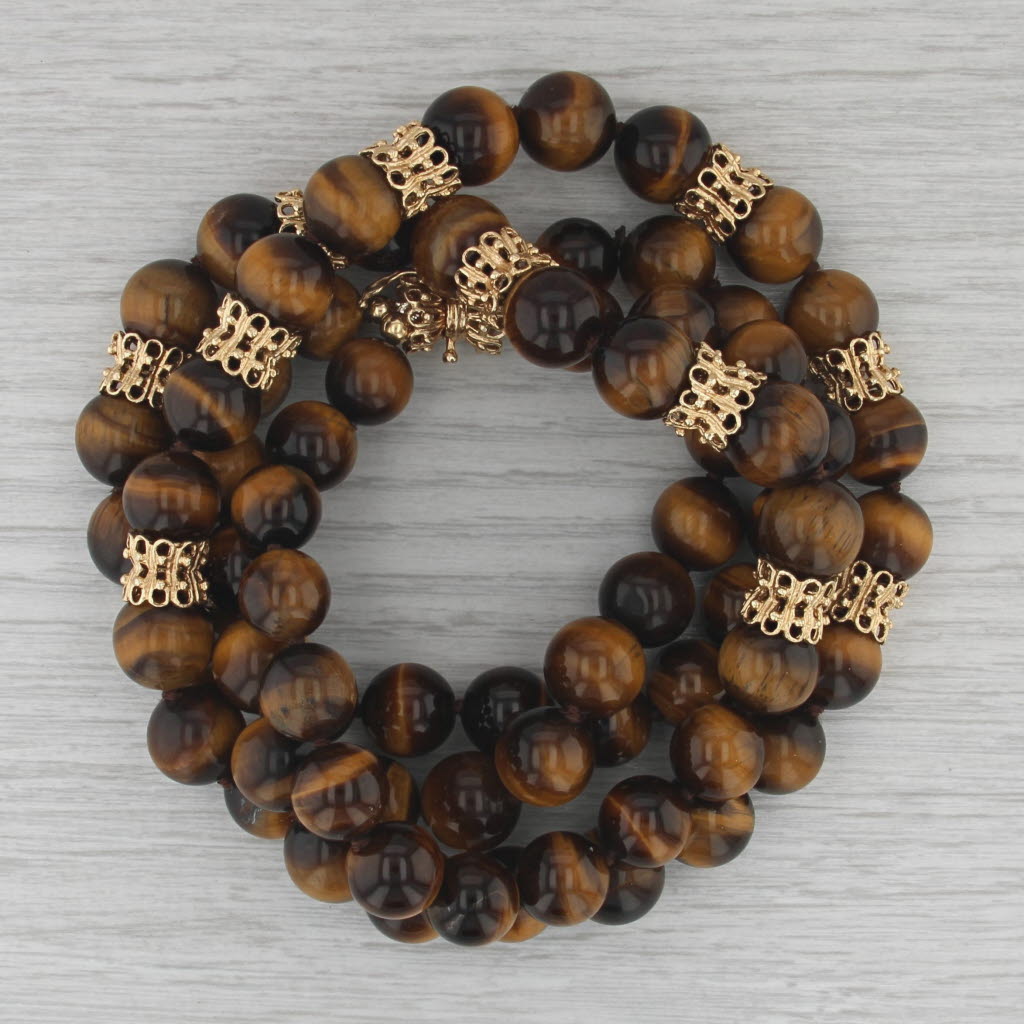 Vintage Tiger's Eye Double Strand Bead Necklace 14k Gold Statement 18"