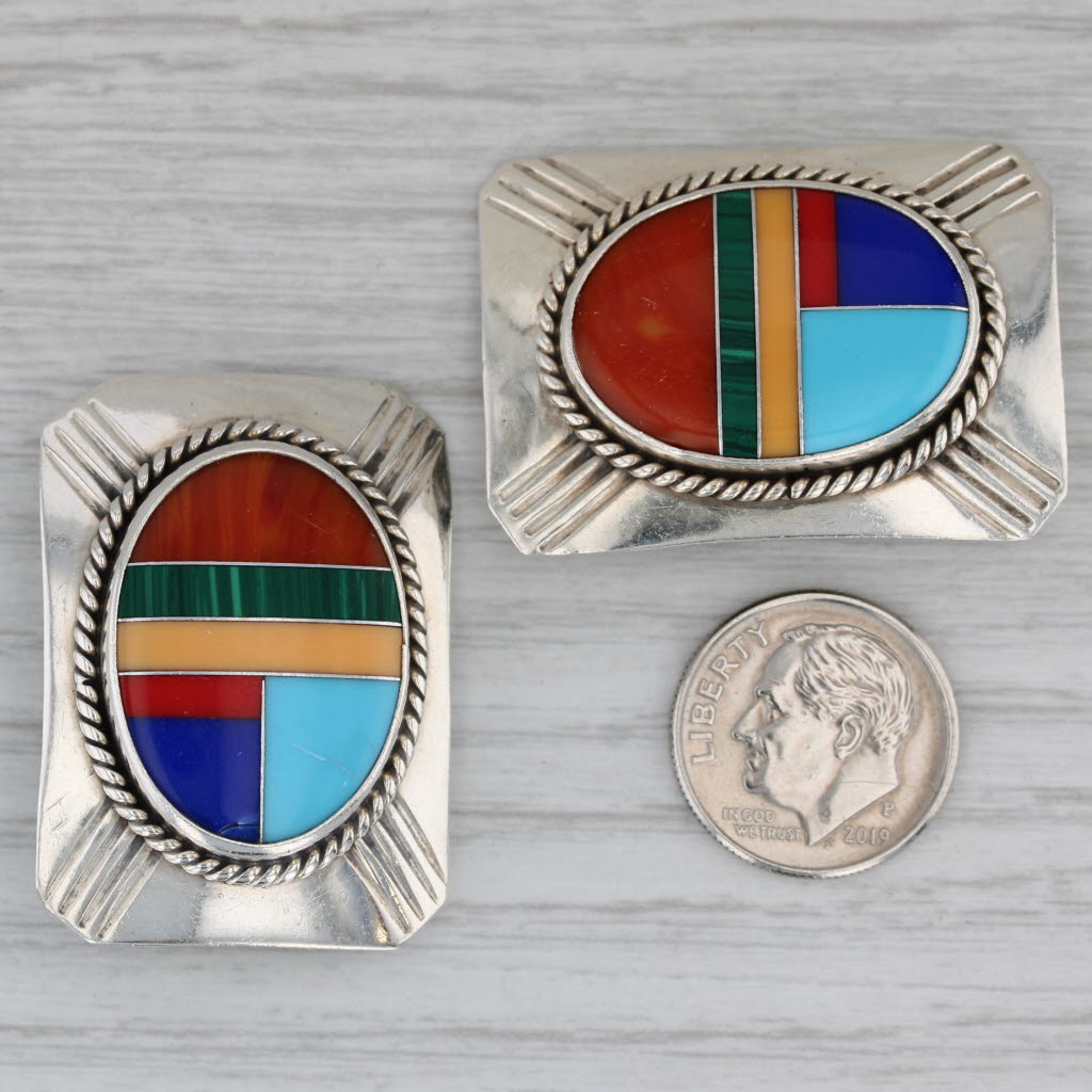 Gray Southwestern Vintage Resin Mosaic Earrings Sterling Silver Large Clip Ons