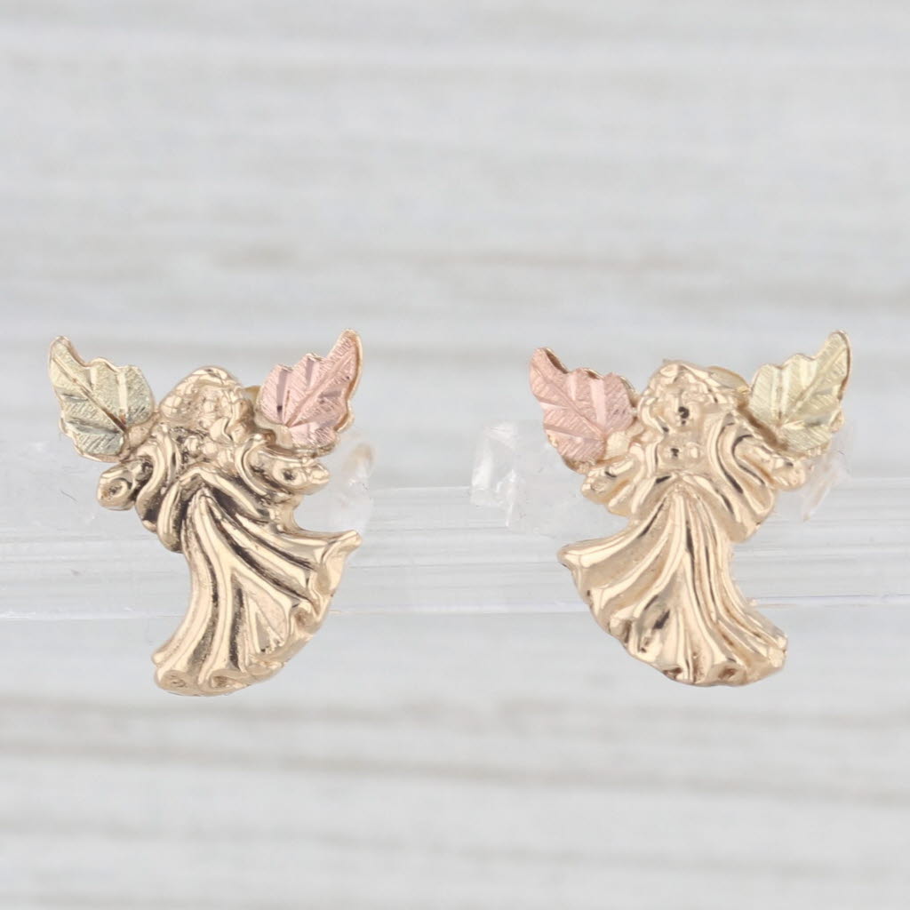 Light Gray Coleman Co Black Hills Gold Guardian Angel Stud Earrings 10k Yellow Rose Green