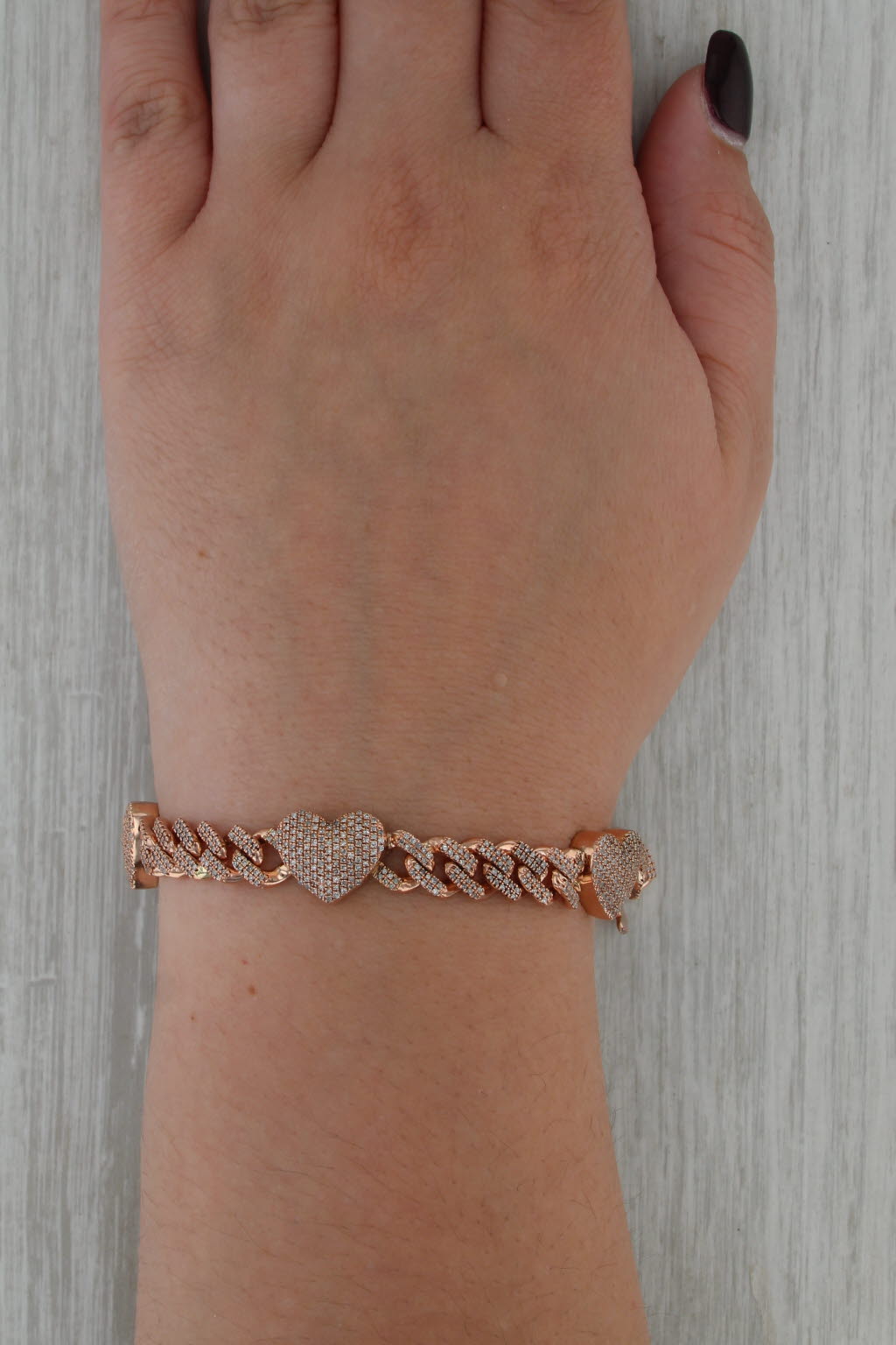 1.77ctw Pave Diamond Hearts Station Bracelet 10k Rose Gold 7.75" Curb Chain