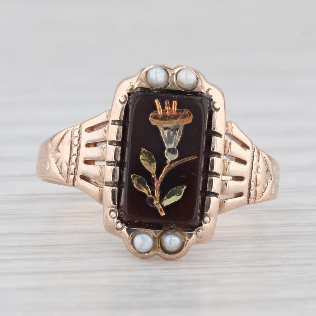 Light Gray Victorian Engraved Flower Ring 10k Gold Chalcedony Sardonyx Pearl Sz 6.75