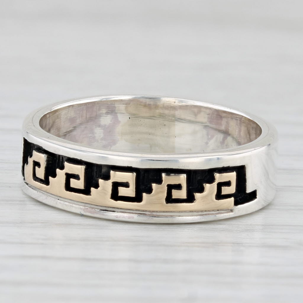 Light Gray Native American Scott Skeet Patterned Ring Sterling Silver 14k Gold Band