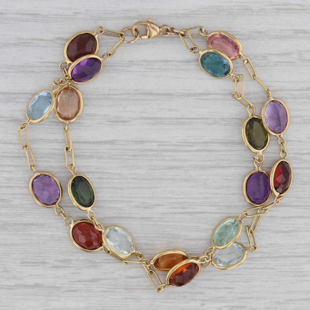Gray Multi-Gemstone Tennis Bracelet 18k Yellow Gold 7" Amethyst Aquamarine Citrine