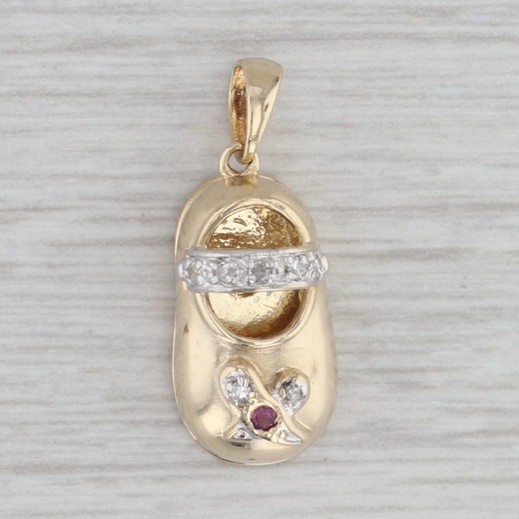 Gray Diamond Ruby Flower Baby Shoe Booty Pendant 14k Yellow Gold Charm