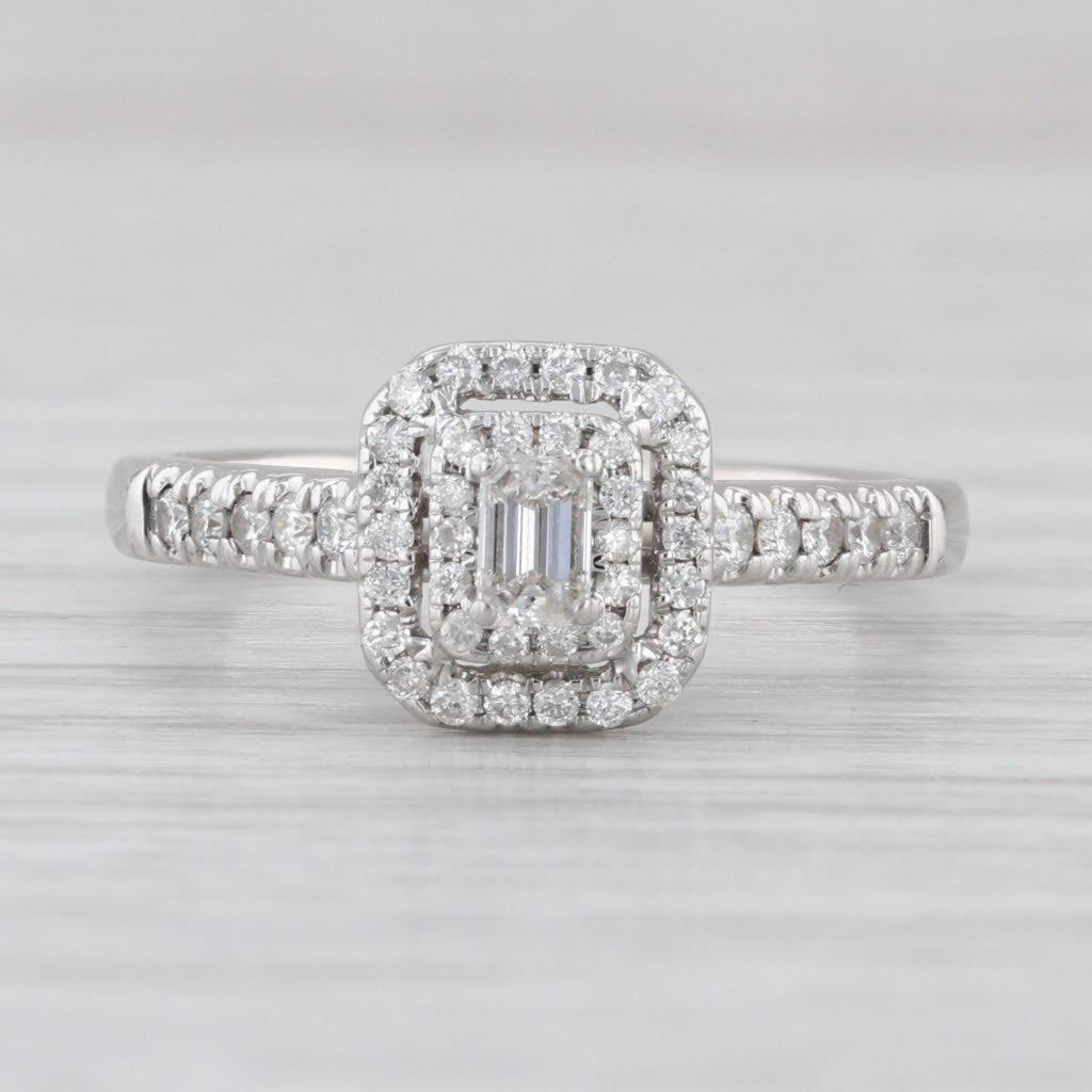 0.42ctw Diamond Halo Engagement Ring 14k White Gold Size 7 Emerald Cut