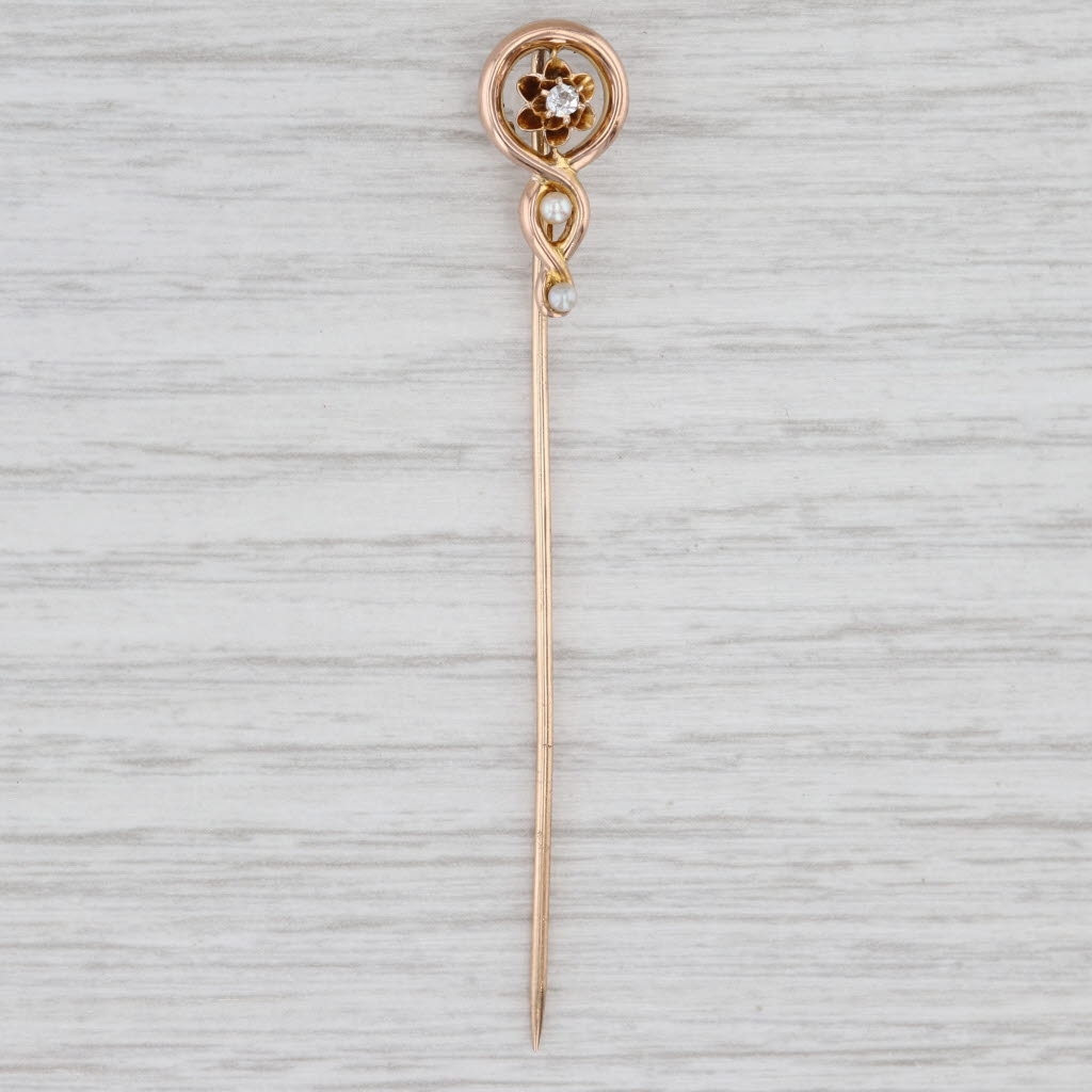 Light Gray Antique Diamond Seed Pearl Stickpin 10k Yellow Gold Pin