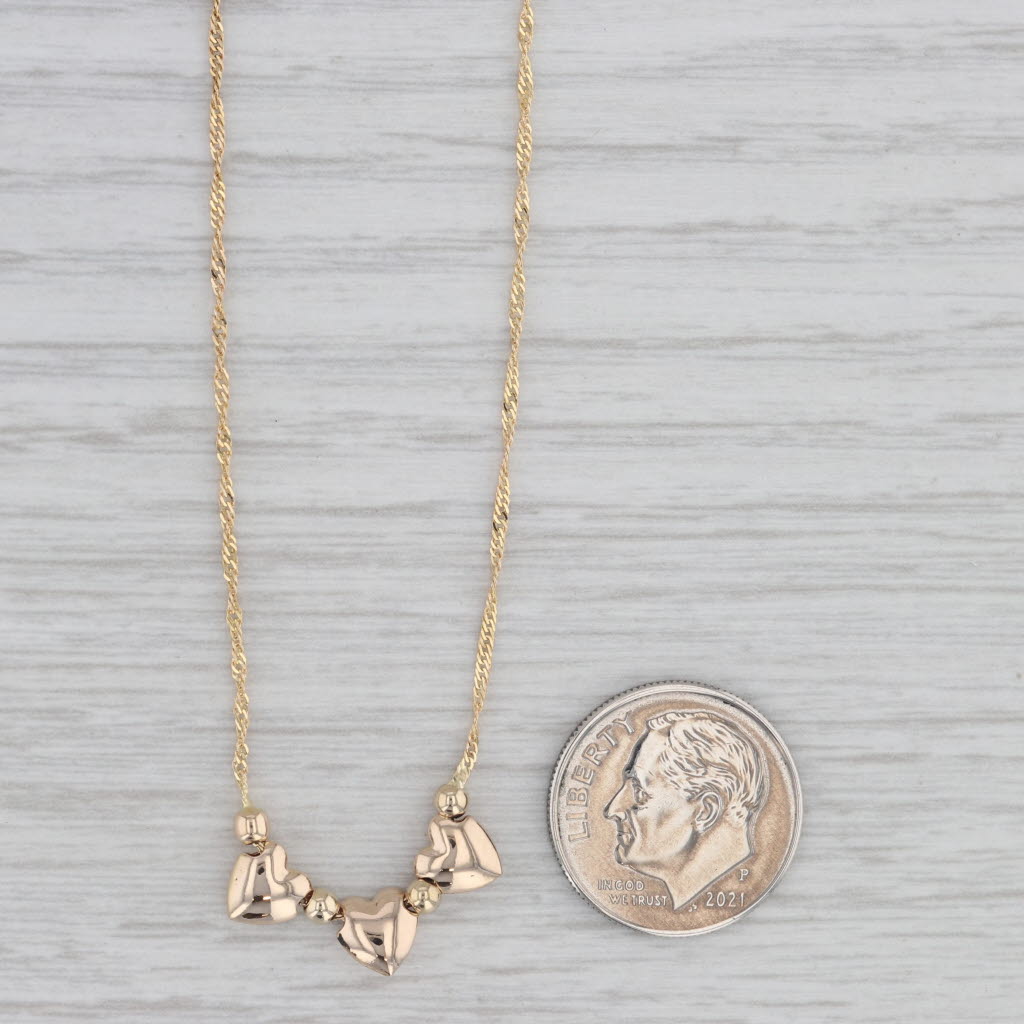 Gray 3-Hearts Bead Pendant Necklace 14k Yellow Gold 17" Singapore chain