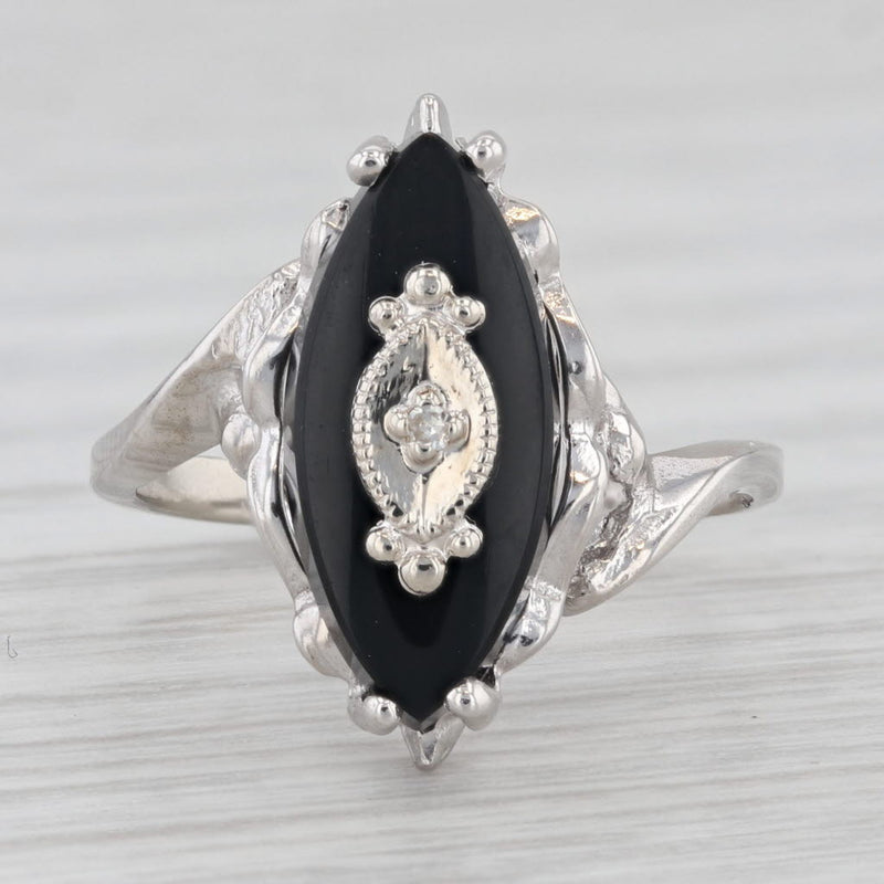 Vintage Onyx Signet Ring 10k White Gold Size 5.25 Diamond Accent