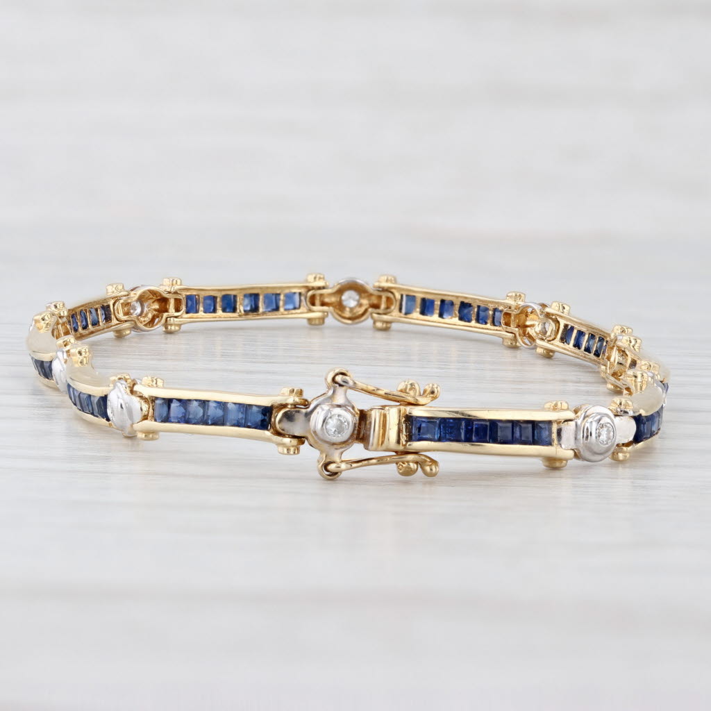 Light Gray 2.60ctw Blue Sapphire Diamond Bar Link Tennis Bracelet 18k Yellow Gold 6.75"