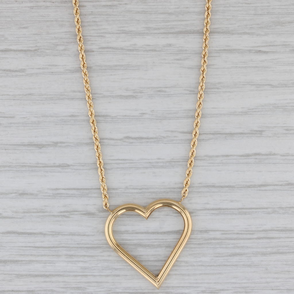 Gray Heart Station Pendant Necklace 14k Yellow Gold 18" Rope Chain